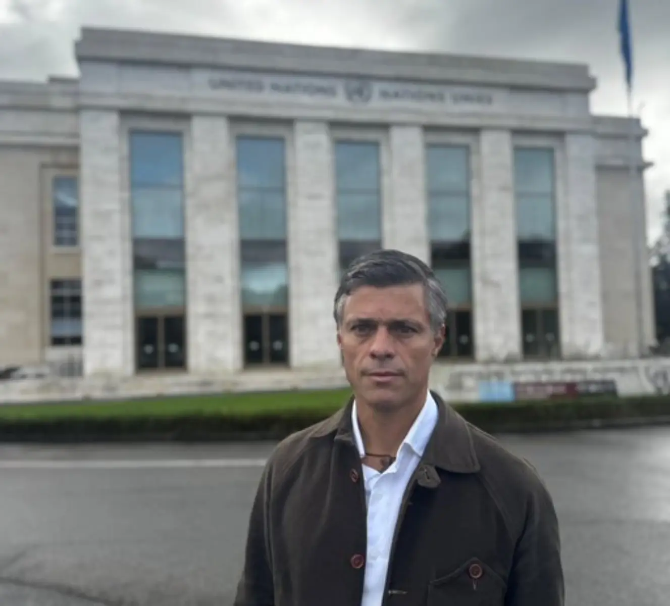 Leopoldo López stands in front of the United Nations building in Geneva.
