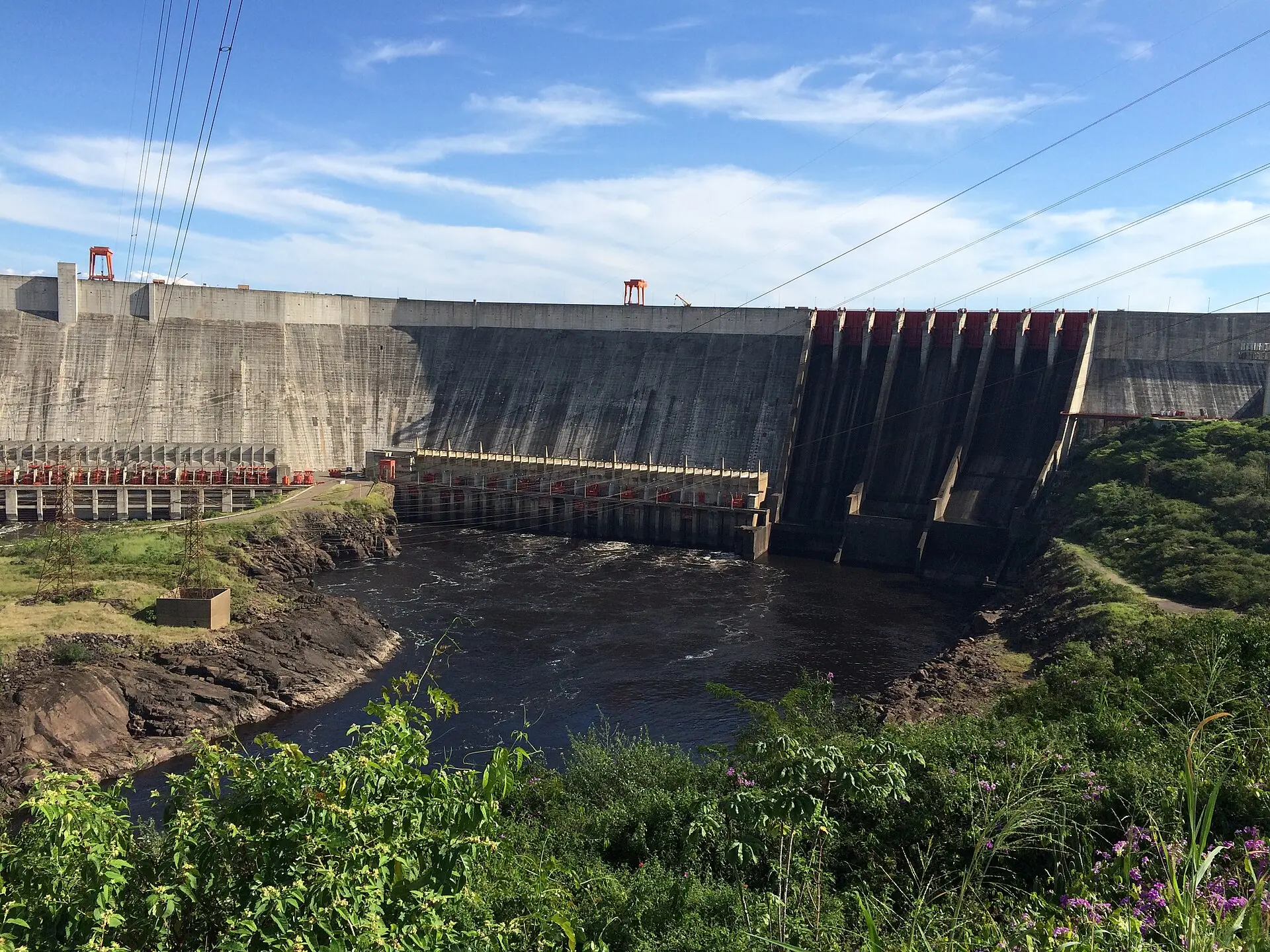 The concrete wall and spillway of the Guri hydroelectric dam on the Caroní River in Venezuela.